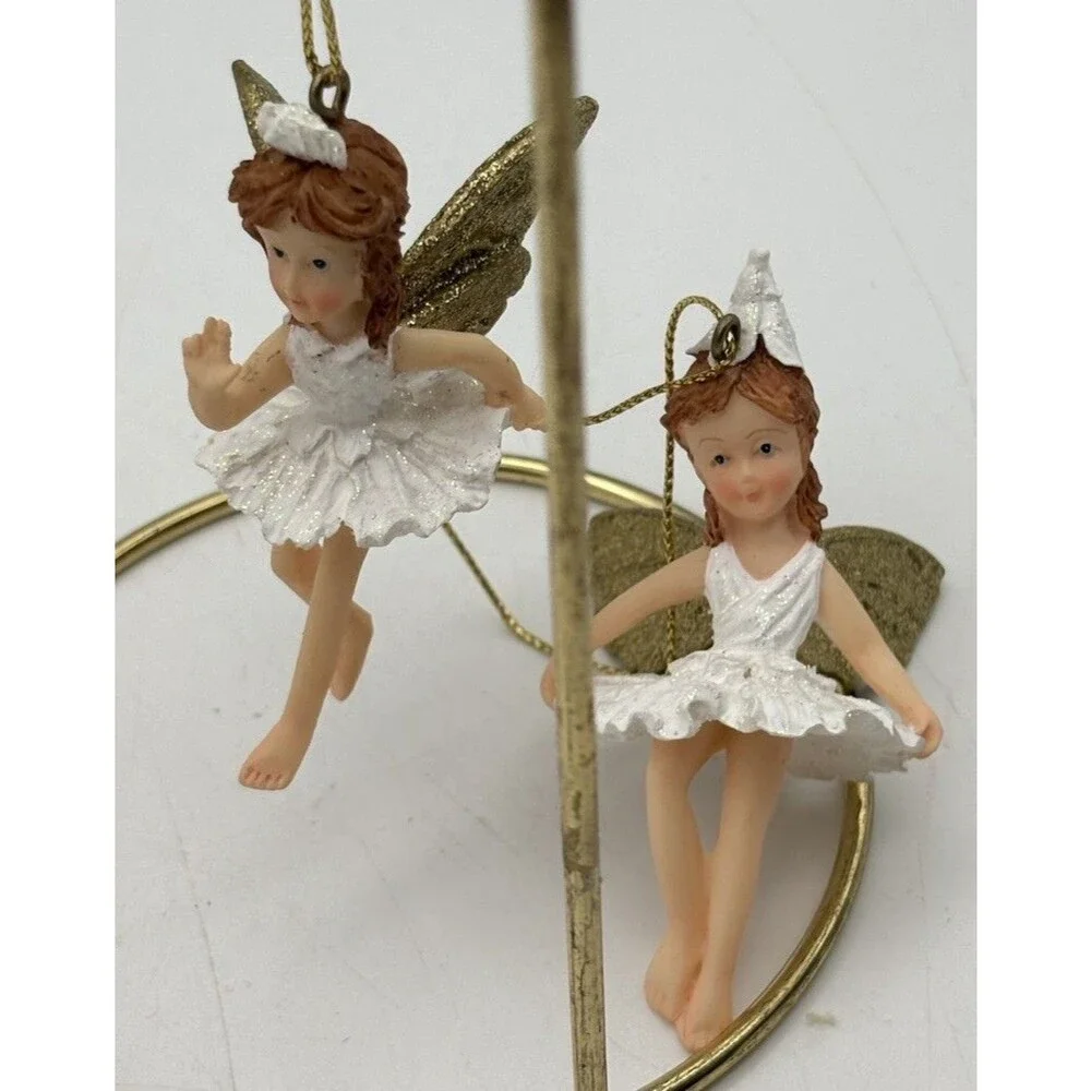 Fairy Christmas Ornaments Set of 2 White Glitter Dress Gold Wings Miniature